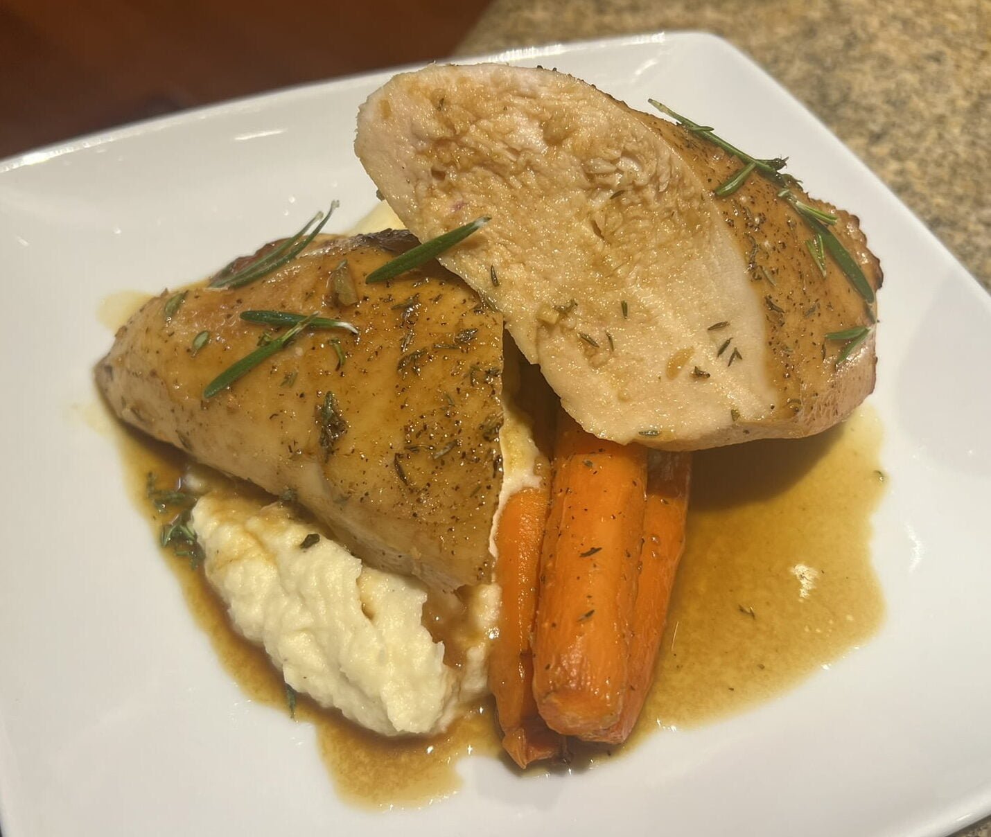 Chicken with Maple Dijon Glaze, carrots, and Parsnip Puree
